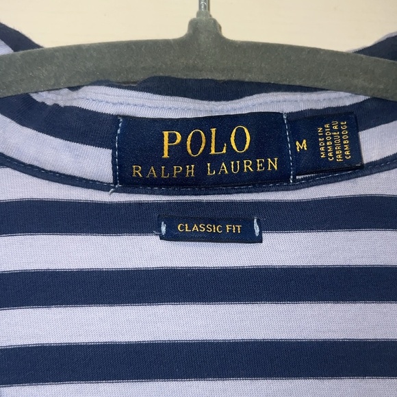 Men’s 90s Style Baby Blue & Navy Striped Cotton Polo Shirt - Picture 2 of 4